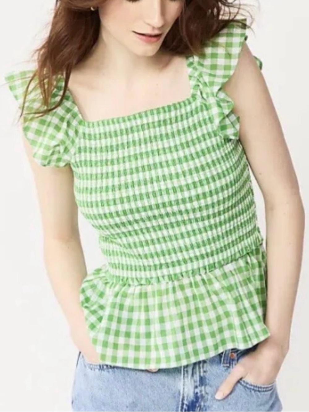 Draper James RSVP Green & White Gingham Smocked‎ Peplum Top Ruffle Sleeve XL